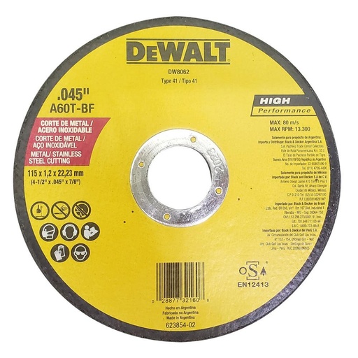DISCO DEWALT CORTE METAL/ACERO INOX 4/12PLANO AMARILLO ARGENTINO/ALEMAN (DW8062:C)