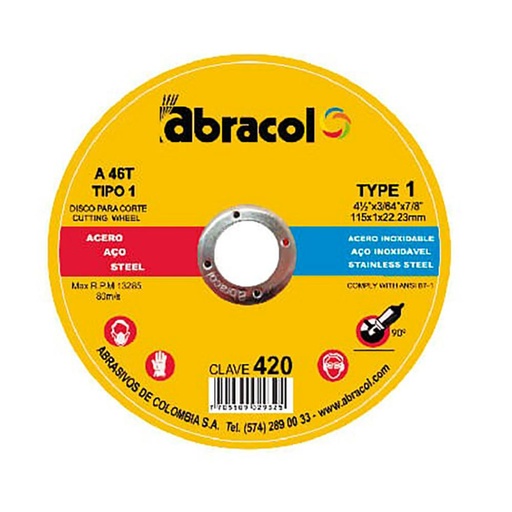 DISCO ABRACOL AMARILLO CORTE METAL 4 1/2 (DT1 115X1.0X22.23MM) (TIPO 420) (ABD2A0046049)