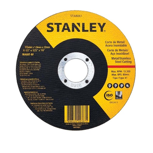 DISCO STANLEY CORTE METAL/ACERO INOX 4 1/2 PLANO AMARILLO NEGRO (STA8061)