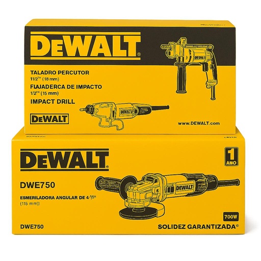 COMBO DEWALT (DWD024-B3AA) PULIDORA DEWALT 4 1/2 750W ULTRADELGADA (DWE750-B3) + TALADRO DEWALT 1/2 710W (DWD024-B3)