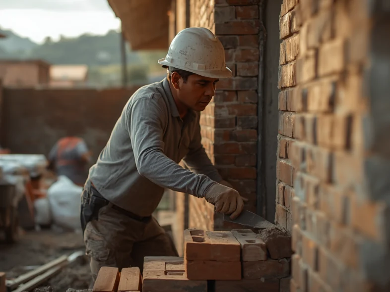 Maestro de obra con casco pegando ladrillos con llana y mezcla en la reconstrucción de una vivienda